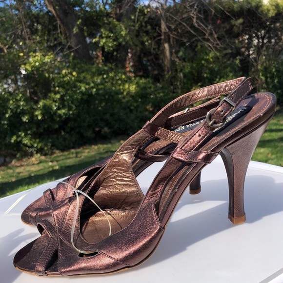 Marina Rinaldi Bronze Leather Heels Sandals size 41 US 11 new - Picture 1 of 7